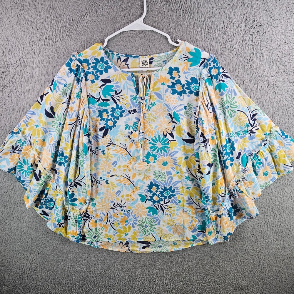 Ivy Jane Women XS Floral Bell Sleeve‎ Ruffle Blouse Blue Yellow Tie Neck